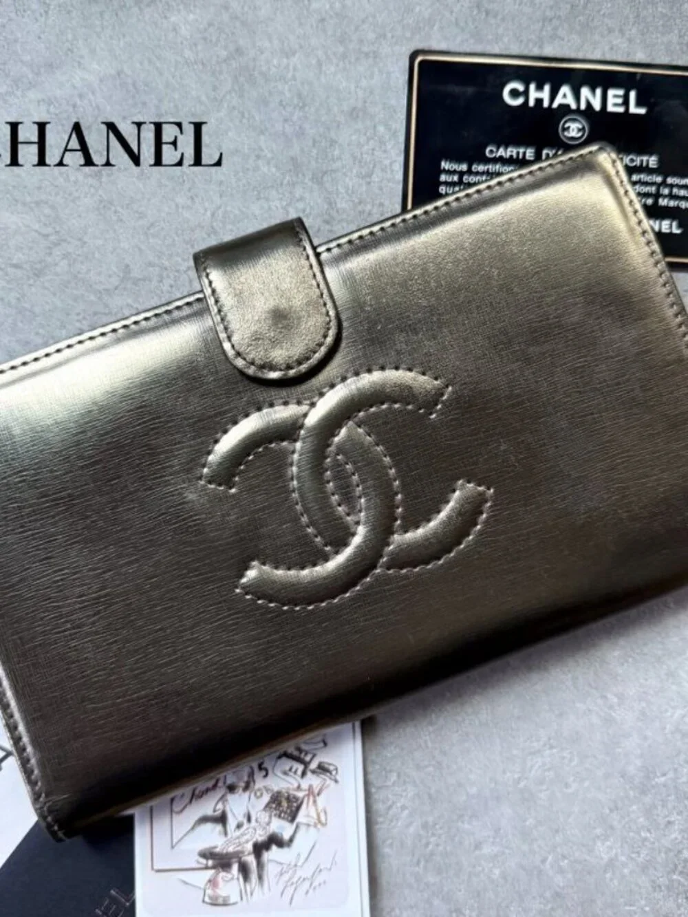 Chanel Coco Long Wallet with Clasp Gold Leather Bifold